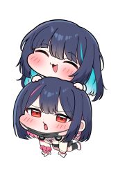 2girls :3 all_fours black_hair black_skirt black_socks black_survival blue_hair blue_streaks blunt_bangs blush brown_cardigan cardigan chibi chibi_only closed_eyes collared_shirt colored_inner_hair commentary_request debi_(after_school)_(black_survival) debi_(black_survival) double-parted_bangs earrings eternal_return:_black_survival full_body heart heart_earrings highres jewelry kneehighs korean_commentary layer_(layer_illust) long_hair long_sleeves looking_at_viewer marlene_(after_school)_(black_survival) marlene_(black_survival) mask mask_pull mouth_mask multicolored_hair multiple_girls necktie on_person open_mouth pink_hair pink_necktie pink_streaks pleated_skirt red_eyes school_uniform scrunchie shirt shoes short_hair simple_background skirt smile socks streaked_hair white_background white_shirt white_shoes wrist_scrunchie