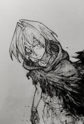  1girl absurdres alternate_costume ange_katrina bandaged_wrist bandages ben-day_dots cloak closed_mouth commentary crossed_bangs gloves greyscale hair_between_eyes hair_intakes highres hood hood_down hooded_cloak looking_at_viewer medium_hair monochrome nijisanji pouch screentones shou-star simple_background sketch solo torn_cloak torn_clothes traditional_media uneven_eyes untranslatable_commentary upper_body virtual_youtuber 
