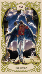 1boy adam's_apple amayado_rei backlighting beard_stubble belt belt_buckle black_belt black_coat black_hair black_hat blurry border brown_border brown_shoes buckle card_(medium) chain chain_necklace clouds coat coat_on_shoulders collarbone collared_shirt commentary_request debris depth_of_field destruction dress_shoes facial_hair fedora floating_clothes fukeda_chiho full_body fur_coat gold_chain gold_wristwatch green_eyes grey_eyes hand_in_pocket hand_up hat hat_pin heterochromia highres hypnosis_mic jewelry lightning long_sleeves looking_at_viewer male_focus mature_male mountainous_horizon multiple_necklaces mustache_stubble necklace night ornate_border outdoors pants partially_unbuttoned pectoral_cleavage pectorals red_shirt removing_eyewear scar scar_across_eye scar_on_face shirt shirt_tucked_in shoes short_hair smirk snake_belt_buckle solo standing standing_on_one_leg stone_floor storm_cloud straight-on stubble suit_pants sunglasses tarot tarot_(medium) twitter_username very_short_hair watch watch white_pants yellow_border 