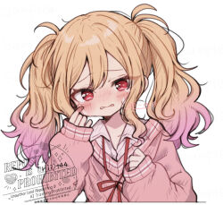  1girl blonde_hair blush cheek_pinching collared_shirt gradient_hair hands_up long_hair long_sidelocks long_sleeves looking_at_viewer multicolored_hair neck_ribbon nose_blush parted_lips pinching pink_hair pink_shirt pink_sweater project_sekai raised_inner_eyebrows red_eyes red_ribbon ribbon riiit44 shirt sidelocks signature simple_background sleeves_past_wrists solo sweater tearing_up tenma_saki twintails upper_body watermark white_background 