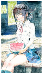  1girl blue_skirt blue_socks breasts collared_shirt commentary_request dated food fruit hair_ribbon highres holding holding_food holding_fruit li_(lithium0522) light_blush miniskirt neck_ribbon original painting_(medium) pleated_skirt ponytail ribbon school_uniform shirt short_ponytail signature sitting skirt small_breasts smile socks solo traditional_media veranda watercolor_(medium) watermelon watermelon_slice white_shirt 