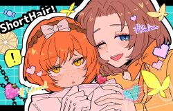  2girls blue_eyes blush bow brown_hair brown_hairband bug butterfly commentary_request freckles gloves green_eyes hair_bow hairband highres into_the_sunset_(e.g.o) ishmael_(project_moon) jacket limbus_company looking_at_viewer medium_hair middle_(identity)_(project_moon) multiple_girls orange_bow orange_hair orange_shirt project_moon rodion_(project_moon) rope shirt short_hair upper_body white_bow white_gloves white_jacket yuhan_company12 