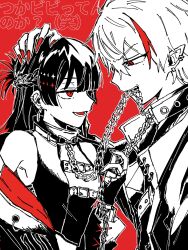  1boy 1girl absurdres assertive_female bare_shoulders belt black_hair blunt_bangs blunt_ends braid breasts chain chain_leash collar double-parted_bangs earrings fangs fingerless_gloves fingernails gendo_(ichiro8296) gloves hair_between_eyes hair_ornament hairclip half_up_half_down_braid hand_on_another's_head high_collar highres holding holding_leash hoop_earrings jacket jacket_partially_removed jewelry kuzuha_(nijisanji) leash leash_in_mouth long_hair looking_at_another lyrics multicolored_hair multiple_earrings nijisanji official_alternate_costume open_mouth outline parallel_hairclips pointy_ears red_background red_eyes red_nails red_streaks red_theme sharp_fingernails shirt short_hair simple_background single_hair_streak sleeveless sleeveless_shirt small_breasts smirk streaked_hair tsukino_mito upper_body v-shaped_eyebrows virtual_youtuber white_hair white_outline 