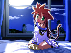  1girl animal_ears animal_hands bad_id bed between_legs cat_ears cat_girl cat_paws cat_tail curtains dark-skinned_female dark_skin dress fangs freckles full_body full_moon green_eyes hand_between_own_legs indoors long_hair looking_at_viewer moon night nora_(shisui) off_shoulder on_bed open_mouth original red_hair shisui single_off_shoulder sitting smile solo spiky_hair tail tail_raised white_dress window 