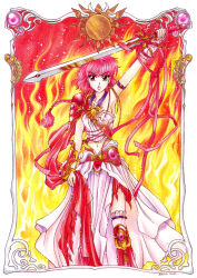  1girl arm_up armlet armor armored_skirt armpits asymmetrical_clothes belt boots border derivative_work english_commentary escudo_sword_(rayearth) fiery_background fire highres hisui1986 holding jewelry long_skirt magic_knight_rayearth midriff navel open_mouth ornate_border red_belt red_boots red_hair shidou_hikaru single_shoulder_pad skirt solo white_skirt 