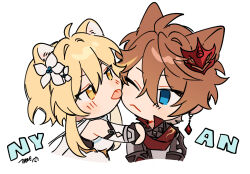  1boy 1girl :< ahoge animal_ear_fluff animal_ears arm_armor artist_name bare_shoulders black_gloves blonde_hair blue_eyes blush breasts cat_boy cat_ears cat_girl closed_mouth collared_shirt crystal_earrings detached_sleeves dress earrings empty_eyes english_commentary english_text fingerless_gloves flower from_side gem genshin_impact gloves grey_jacket hair_between_eyes hair_flower hair_ornament half-closed_eyes hands_up hetero highres jacket jewelry kemonomimi_mode licking licking_another's_face long_sleeves looking_at_another lumine_(genshin_impact) majunjuu mask mask_on_head medium_breasts one_eye_closed orange_hair red_gem red_mask red_scarf red_shirt scarf shirt short_hair sidelocks signature simple_background single_earring sleeveless sleeveless_dress tartaglia_(genshin_impact) tongue tongue_out upper_body white_background white_dress white_flower white_sleeves yellow_eyes 