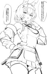  1girl animal_ears arknights arknights:_endfield avywenna_(arknights) breasts commentary_request death_unagi detached_sleeves greyscale hand_on_own_hip headgear highres jacket long_sleeves monochrome off_shoulder open_clothes open_jacket open_mouth rabbit_ears rabbit_girl shirt short_hair simple_background sketch skirt sleeveless sleeveless_shirt small_breasts solo thigh-highs translation_request white_background 