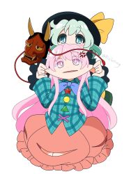  2girls anger_vein black_hat blue_bow blue_bowtie bow bowtie bubble_skirt cheek_pinching cheek_pull commentary_request frilled_shirt_collar frilled_sleeves frills green_eyes green_hair green_skirt hands_on_another's_cheeks hands_on_another's_face hannya hat hat_bow hata_no_kokoro highres komeiji_koishi mask mask_on_head multiple_girls noh_mask orange_skirt pinching pink_eyes pink_hair plaid_clothes plaid_shirt rizleting shirt skirt skirt_cutout touhou white_background yellow_bow yellow_shirt 