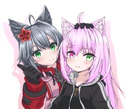  2girls ahoge animal_ear_fluff animal_ears asagi501 belt_collar black_gloves black_hoodie cat_ears character_request closed_mouth collar collarbone commentary_request drop_shadow flower fox_ears gloves green_eyes grey_hair hair_between_eyes hair_flower hair_intakes hair_ornament hand_on_another's_head hand_up heterochromia highres hood hood_down hoodie jacket jewelry key key_necklace light_blush long_hair long_sleeves looking_at_viewer messy_hair multiple_girls necklace original pink_hair pink_jacket red_jacket sidelocks smile thumbs_up upper_body vrchat 