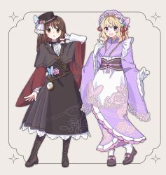  2girls :d absurdres alternate_costume black_hat boots brown_boots brown_capelet brown_eyes brown_hair brown_shoes brown_skirt capelet commentary_request floral_print floral_print_kimono flower gloves grey_background hair_flower hair_ornament hairband hat highres inset_border japanese_clothes kimono lace-up_boots loafers long_hair long_sleeves looking_at_viewer maribel_hearn multiple_girls nnn_lu obi open_mouth pocket_watch print_kimono purple_hairband purple_kimono rose_print sash shirt shoes skirt smile socks touhou usami_renko violet_eyes watch white_gloves white_shirt white_socks wide_sleeves 