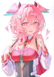  1girl bare_shoulders breasts crossed_bangs detached_collar detached_sleeves genshin_impact hair_between_eyes hair_intakes hair_ornament head_wings heart heart-shaped_pupils highres jacket linnea_(genshin_impact) long_sleeves looking_at_viewer medium_breasts medium_hair necktie open_mouth pink_eyes pink_hair pointy_ears simple_background smile solo strapless symbol-shaped_pupils teeth tsuyu810 upper_body upper_teeth_only white_background white_jacket wings 