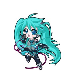  1girl aqua_hair bare_shoulders black_boots black_gloves black_outline black_skirt black_sleeves black_thighhighs blue_eyes blue_necktie blush boots cable chibi chibi_only detached_sleeves floating_hair full_body game_asset gloves grey_shirt hair_between_eyes hair_ornament hatsune_miku hatsune_miku_graphy_collection headphones holding holding_microphone long_hair long_sleeves looking_at_viewer magical_mirai_miku magical_mirai_miku_(2014) microphone necktie open_mouth outline pleated_skirt shirt shoulder_tattoo singing skirt sleeveless sleeveless_shirt solo tattoo thigh-highs transparent_background twintails very_long_hair vocaloid 