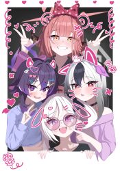  4girls 82jhin absurdres aru_(blue_archive) black_choker black_hair blue_archive border choker cropped_shirt gradient_hair grey_halo grin halo haruka_(blue_archive) highres jacket kayoko_(blue_archive) looking_at_viewer multicolored_hair multiple_girls mutsuki_(blue_archive) off-shoulder_shirt off_shoulder open_mouth purple-tinted_eyewear purple_hair purple_halo red_eyes red_hair red_halo shirt simple_background smile tinted_eyewear tongue tongue_out two-tone_hair v violet_eyes white_border white_hair yellow_eyes 