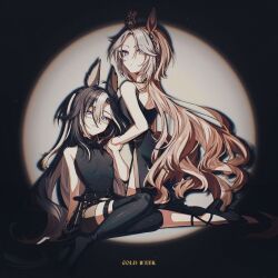  2girls absurdres ahoge animal_ears bare_shoulders black_dress black_shirt black_shorts black_thighhighs blue_eyes breasts brown_hair closed_mouth dream_journey_(umamusume) dress ear_covers glasses hair_between_eyes high_heels highres horse_ears horse_girl horse_tail kk_e_uu long_hair looking_at_viewer multicolored_hair multiple_girls official_alternate_costume orange_hair orfevre_(umamusume) shirt shorts single_ear_cover sleeveless sleeveless_dress sleeveless_shirt small_breasts smile streaked_hair tail thigh-highs thigh_strap two-tone_hair umamusume white_hair 