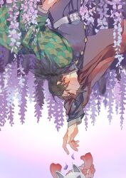  1boy belt black_hair black_jacket black_pants blue_eyes buttons commentary_request demon_slayer_uniform fox_mask gold_buttons grey_belt haori high_collar jacket japanese_clothes kikkoumon kimetsu_no_yaiba long_hair low_ponytail male_focus mask outstretched_arm pants ponytail print_haori reaching red_haori solo spiky_hair tomioka_giyuu tomoyoshi upside-down 