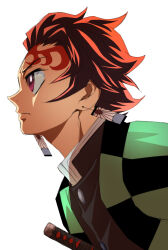  1boy black_jacket bright_pupils brown_hair closed_mouth commentary_request demon_slayer_uniform earrings hanafuda_earrings high_collar i_met_maria_02 jacket jewelry kamado_tanjirou katana kimetsu_no_yaiba male_focus pink_eyes profile scar scar_on_face scar_on_forehead short_hair simple_background solo sword v-shaped_eyebrows weapon white_background white_pupils 