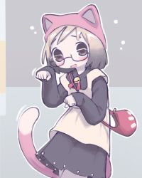  1girl animal_ears bag bell blush brown_eyes cat_ears cat_tail commentary dress embarrassed glasses handbag hat hat_with_ears highres ichigo_mashimaro kurohanenone looking_at_viewer multicolored_hair neck_bell open_mouth pink_hat pink_tail sakuragi_matsuri simple_background tail two-tone_hair 