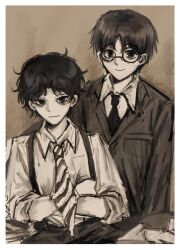  2boys alternate_costume alternate_universe bags_under_eyes blazer border breast_pocket brown_background brown_theme business_suit closed_mouth collared_jacket collared_shirt commentary_request crossed_arms dongrang_(project_moon) glasses happy highres jacket korean_commentary lapels limbus_company long_sleeves male_focus messy_hair multiple_boys necktie notched_lapels otogisum3 parted_bangs pocket project_moon round_eyewear shadow shirt short_hair sitting sleeve_cuffs smile striped_clothes striped_necktie suit suit_pants suspenders upper_body white_border yi_sang_(project_moon) 