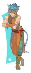  1boy absurdres animal_ears aper blue_hair cat_boy cat_ears commentary fingerless_gloves fire_emblem fire_emblem:_path_of_radiance full_body gloves green_eyes heterochromia highres male_focus ranulf_(fire_emblem) short_hair simple_background solo tail violet_eyes 