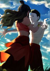  1boy 1girl aang absurdres arrow_(symbol) arrow_tattoo avatar:_the_last_airbender avatar_legends baoloveseal blue_tattoo commentary couple english_commentary forehead_tattoo head_tattoo highres katara looking_at_another tattoo 