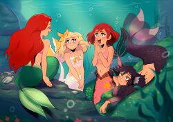  4girls ariel_(disney) bikini black_tail blonde_hair blue_eyes blurry blush bob_cut bracelet bubble closed_eyes day depth_of_field elbow_rest english_commentary flower green_tail grey_eyes hair_flower hair_ornament hand_on_own_face hands_up happy head_rest highres jewelry kairi_(kingdom_hearts) kelp long_hair looking_at_another merfolk mermaid mermay_2026 monster_girl monsterification multiple_girls namine ocean open_mouth own_hands_together pink_tail pondreaart red_hair ribbon rock scales seafloor seashell shell shell_bikini sitting smile star_(symbol) swimsuit teeth the_little_mermaid_(disney) underwater upper_teeth_only white_tail xion_(kingdom_hearts) yellow_flower yellow_ribbon 