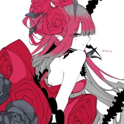  1girl back backless_dress backless_outfit baobhan_sith_(celebratory_attire)_(fate) baobhan_sith_(fate) bare_shoulders breasts closed_mouth commentary_request curled_ends dress fate/grand_order fate_(series) flat_color flower flower_dress from_side gradient_hair grey_eyes grey_flower grey_hair grey_rose hair_flower hair_intakes hair_ornament highres light_blush limited_palette long_hair looking_at_viewer medium_breasts multicolored_hair pale_skin partial_commentary pointy_ears profile red_dress red_flower red_hair red_rose rose sideways_glance simple_background smile smug solo strapless strapless_dress tadare_hito twitter_username upper_body white_background 
