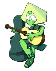  1girl acoustic_guitar alien alternate_costume blonde_hair bra_strap casual colored_skin discount-supervillain face_shield forehead_jewel full_body gem gem_(steven_universe) green_skin guitar guitar_case holding holding_guitar holding_instrument instrument instrument_case peridot_(steven_universe) playing_instrument sandals short_hair shorts simple_background sitting slides solo steven_universe transparent_background triangle-shaped_hair 