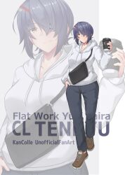  1girl alternate_costume artist_name bag black_pants brown_shoes commentary_request cup dated disposable_coffee_cup disposable_cup drawstring eyepatch full_body grey_hair highres hood hooded_sweater kantai_collection pants shoes short_hair signature solo sweater taira_yuuki tenryuu_(kancolle) white_sweater yellow_eyes zoom_layer 