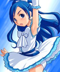  1girl blue_eyes blue_hair cure_white dress earrings futari_wa_precure gloves houman jewelry long_hair magical_girl panties precure ribbon underwear white_panties yukishiro_honoka 