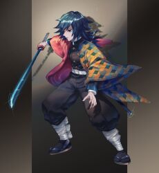  1boy belt black_hair black_jacket black_pants blue_eyes buttons closed_mouth commentary_request demon_slayer_uniform full_body gold_buttons hair_between_eyes haori high_collar highres holding holding_sword holding_weapon jacket japanese_clothes katana kikkoumon kimetsu_no_yaiba legs_apart long_hair low_ponytail male_focus mizlius11 pants ponytail print_haori red_haori scabbard shadow sheath solo spiky_hair standing sword tomioka_giyuu weapon white_belt 