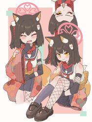  1girl animal_ear_fluff animal_ears asymmetrical_legwear bare_shoulders black_gloves black_serafuku black_socks blue_archive blue_sailor_collar blush brown_tail colored_inner_animal_ears d_d(bilibili622057422) elbow_brace eyeshadow fishnet_thighhighs fishnets floral_print floral_print_kimono fox_ears fox_girl fox_hair_ornament fox_tail gloves hair_ornament halo highres hugging_own_legs izuna_(blue_archive) japanese_clothes kimono loafers looking_at_viewer makeup neckerchief ninja open_mouth partially_fingerless_gloves pink_eyeshadow pink_halo pleated_skirt pom_pom_(clothes) pom_pom_hair_ornament print_kimono red_neckerchief red_scarf sailor_collar scarf school_uniform serafuku shoes short_hair simple_background single_sock skirt smile socks solo tail thigh-highs upside-down yellow_eyes 