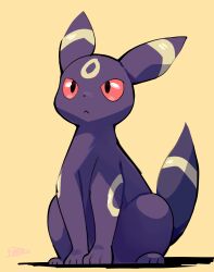 absurdres black_fur highres komanychi looking_at_viewer no_humans pokemon pokemon_(creature) red_eyes simple_background solo tail two-tone_fur umbreon yellow_background yellow_fur 
