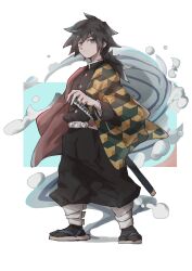  1boy absurdres belt black_hair black_jacket black_pants black_socks blue_eyes buttons closed_mouth commentary_request demon_slayer_uniform empty_eyes gold_buttons hair_between_eyes haori high_collar highres jacket japanese_clothes kawa29805544 kikkoumon kimetsu_no_yaiba legs_apart long_hair low_ponytail male_focus pants ponytail print_haori red_haori sandals socks solo spiky_hair standing tomioka_giyuu water white_background white_belt 