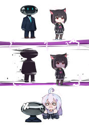  1boy 2girls ahoge animal_ears bandaid bandaid_on_head black_hair black_jacket blue_archive blue_hair cat_ears colored_inner_hair commentary_request crossed_bandaids hair_ornament halo hands_in_pockets hatching_(texture) highres humanoid_robot jacket kazusa_(blue_archive) multicolored_hair multiple_girls nervous_sweating pink_hair reisa_(blue_archive) robot school_uniform se-u-ra serafuku short_hair star_(symbol) star_hair_ornament streaked_hair sweat twintails two-tone_hair 