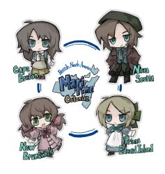  1boy 3girls :d apron aqua_eyes black_boots blue_eyes boots bow brown_hair brown_jacket canada character_name chibi commentary_request dress english_text green_bow green_eyes green_scarf grey_outline hair_bow jacket jaggy_lines map multiple_girls neck_ribbon new_brunswick nk_plnt nova_scotia open_clothes open_jacket original outline pants parted_bangs personification pink_dress prince_edward_island ribbon scarf serious simple_background smile smug twintails white_apron white_background 