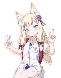  1girl animal_ear_fluff animal_ears aqua_eyes asagi501 backpack bag black_bag blonde_hair blue_one-piece_swimsuit blunt_bangs breast_pocket breasts chiharu_(masaru1309) child collared_shirt commentary_request cowboy_shot double-parted_bangs double_v drop_shadow fox_ears fox_girl grin hair_between_eyes hair_ornament hair_ribbon hands_up highres long_hair looking_at_viewer one-piece_swimsuit original parted_lips pocket randoseru red_ribbon ribbon school_swimsuit shirt short_sleeves simple_background small_breasts smile solo swimsuit thigh-highs v vrchat white_background white_shirt white_thighhighs wing_collar zettai_ryouiki 