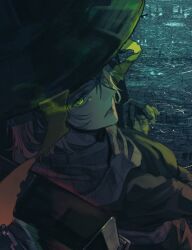  1girl black_coat black_hat coat commentary_request faust_(project_moon) grey_scarf hat heishou_pack-mao_branch_(identity)_(project_moon) highres korean_commentary limbus_company looking_at_viewer looking_back mangsug12_40 parted_lips portrait project_moon puddle rain scarf short_hair solo tile_floor tiles wet_floor white_hair 