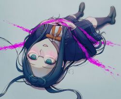  1girl blue_hair bow breasts collared_jacket collared_shirt commentary_request danganronpa_(series) danganronpa_v3:_killing_harmony eyelashes glasses green_eyes grey_background hands_on_own_chest highres jacket katahaba_(wawawa_wa_haha) kneehighs long_hair long_sleeves lying on_back parted_lips pleated_skirt ribbon ringed_eyes round_eyewear school_uniform shirogane_tsumugi shirt skirt socks solo upside-down very_long_hair x_(symbol) 