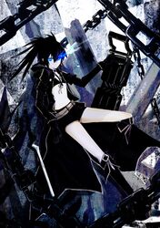  bikini_top black_hair black_rock_shooter black_rock_shooter_(character) blue_eyes boots gatling_gun glowing glowing_eye gun jacket langlang short_shorts shorts solo star weapon 