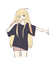  1girl absurdres ahoge animal_ears black_shirt blonde_hair chinese_commentary cho_kaguya-hime! collarbone commentary_request cropped_legs ezbottt fang highres kaguya_(cho_kaguya-hime!) kemonomimi_mode long_hair lop_rabbit_ears one_eye_closed open_mouth pink_shorts rabbit_ears red_eyes shirt short_sleeves shorts simple_background smile solo white_background 
