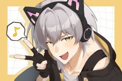  1boy animal_ear_headphones animal_ears black_gloves black_jacket blush border caelus_(honkai:_star_rail) cat_ear_headphones cat_ears checkered_background collarbone commentary_request fake_animal_ears fingerless_gloves fingernails gloves grey_hair hair_between_eyes hand_up headphones highres honkai:_star_rail honkai_(series) hood hooded_jacket jacket lapels long_sleeves looking_at_viewer male_focus musical_note open_clothes open_jacket open_mouth outside_border rai09_07 shadow shirt short_hair smile solo speech_bubble spoken_musical_note t-shirt tongue trailblazer_(honkai:_star_rail) two-sided_fabric two-sided_jacket upper_body v white_background white_shirt yellow_border yellow_eyes yellow_jacket 