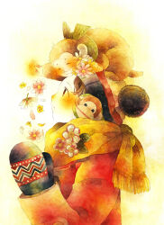  1boy :o animal_on_head beanie blush brown_eyes commentary_request down_jacket flower from_side hat highres jacket looking_at_animal looking_up mittens monkey nozimami on_head original pom_pom_(clothes) pom_pom_beanie profile red_jacket scarf simple_background solo upper_body warm_colors watercolor_effect white_background winter_clothes yellow_scarf 