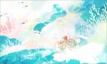  1girl bare_shoulders border bow brown_hair closed_eyes cloud clouds colorful coral detached_sleeves eyes_closed gohei hair_bow hair_tubes hakurei_reimu long_hair long_skirt midriff miko origami skirt solo surreal touhou wide_sleeves 