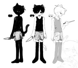  4boys animal_ears antenna_hair black_skin black_tank_top black_thighhighs cat_boy cat_ears cat_tail colored_skin dual_persona furrification furry furry_male hair_between_eyes highres holding holding_knife knife looking_at_viewer male_focus multiple_boys omori omori_(omori) parted_bangs rou_(h_s_sinrin) short_hair shorts something_(omori) striped_clothes striped_shorts sunny_(omori) tail tank_top thigh-highs vertical-striped_clothes vertical-striped_shorts whiskers white_shorts 