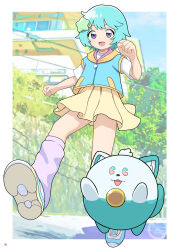  1girl 1other :d absurdres animal_ear_fluff animal_ears aqua_eyes aqua_hair aqua_shoes blue_shirt border creature day hair_ornament hairclip highres layered_shirt mahou_no_shimai_lulutto_lilly multicolored_eyes nao_suke nonoyama_fuu open_mouth outdoors outside_border pac-man_eyes pink_eyes purple_socks running shirt shoes short_hair skirt smile socks star_(symbol) star_hair_ornament tube_socks uguisu_(mahou_no_shimai_lulutto_lilly) violet_eyes watermark white_border white_shirt yellow_skirt 