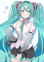  1girl aqua_eyes aqua_hair aqua_ribbon aqua_trim artist_name black_skirt blush commentary_request cowboy_shot detached_sleeves dot_nose grin hair_between_eyes hair_ornament hand_on_own_hip hatsune_miku hatsune_miku_(nt) highres layered_sleeves long_hair looking_at_viewer miniskirt neck_ribbon number_tattoo piapro_studio pleated_skirt ribbon see-through_clothes see-through_sleeve_layer see-through_sleeves shirt shoulder_tattoo simple_background skirt sleeveless sleeveless_shirt smile solo sparkle tattoo twintails twitter_username uwa_illust_v16v very_long_hair vocaloid wave_print white_background white_shirt wide_sleeves 