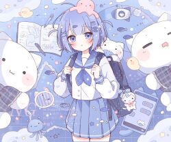  1girl :< analog_clock backpack bag bag_charm bird blue_background blue_bag blue_necktie blue_sailor_collar blue_skirt blunt_bangs blush book bow cat cellphone center-flap_bangs charm_(object) chat_log clock closed_mouth commentary cowboy_shot duck fish fish_hair_ornament grid_background hair_ornament hairclip heart highres hinase01 holding_strap long_sleeves miniskirt necktie octopus open_book original pen phone plaid_bow pleated_skirt sailor_collar school_uniform serafuku sidelocks skirt solo standing star_(symbol) star_hair_ornament submarine untranslatable_commentary watercraft watermark z_hair_ornament zipper 
