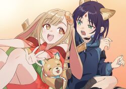  2girls animal_ears asada7101 bare_shoulders black_choker blonde_hair blue_hair blue_hoodie blue_nails blush cho_kaguya-hime! choker closed_eyes commentary crescent crescent_hair_ornament fang forehead_jewel fox_ears gradient_background green_eyes hair_ornament highres hood hoodie inudoge kaguya_(cho_kaguya-hime!) leaning_on_person long_hair long_sleeves looking_at_another lop_rabbit_ears multicolored_hair multiple_girls orange_background orange_eyes purple_hair rabbit_ears sakayori_iroha short_hair smile two-tone_hair 