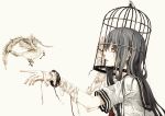  absurdres bandages bird birdcage black_hair bouno_satoshi cage cuffs highres key lips long_hair monochrome original purple_eyes school_uniform scratches serafuku simple_background solo spot_color 