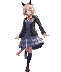 1girl absurdres animal_ears black_jacket black_socks blazer blush bow breasts brown_shoes closed_mouth collared_shirt commentary_request curren_chan_(umamusume) ear_bow ear_covers grey_hair grey_skirt grey_sweater_vest hair_between_eyes highres horse_ears horse_girl horse_tail jacket kneehighs long_sleeves looking_at_viewer open_clothes open_jacket orange_bow red_bow school_uniform shirt shoes short_hair simple_background skirt smile socks solo sweater_vest tail umamusume violet_eyes white_shirt yoojp 